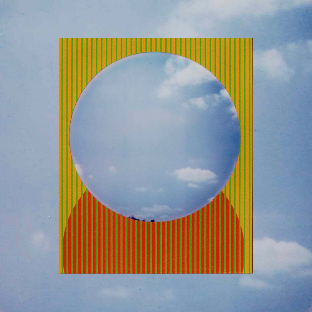A surreal composition of blue sky and drifting clouds enclosed within a floating circle, framed by vivid stripes and playful colors, creating a quiet dreamlike contrast between nature and graphic form.