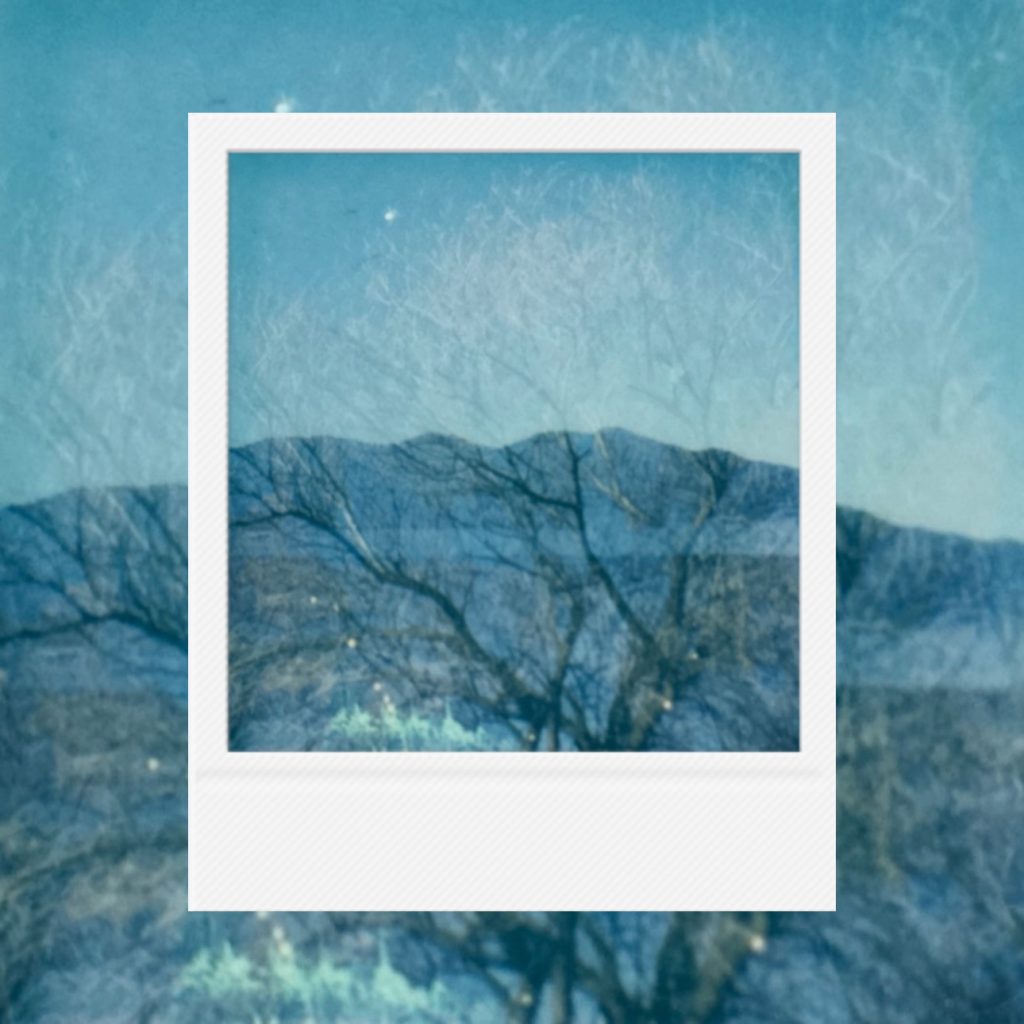 A layered visual memory revealing distant mountain ridges and bare branches suspended in blue air carrying depth time and quiet landscape traces