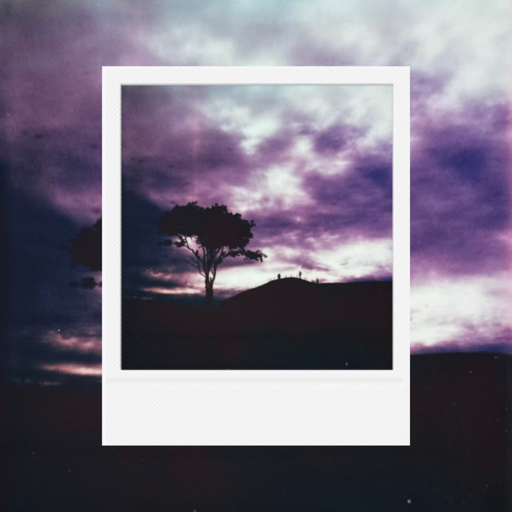 A solitary tree beneath a fading sky, surrounded by deep silhouettes and drifting clouds at dusk
